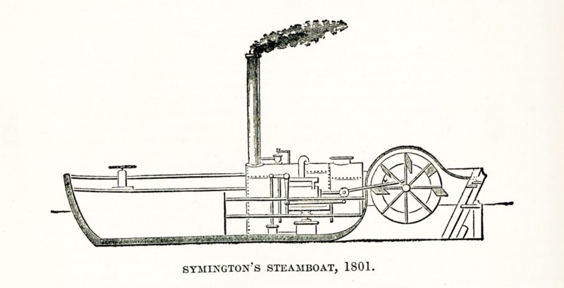 This 1905 illustration shows Symington’s steamboat from 1801. William Symington (1764-1831) was a Scottish engineer and inventor, and the builder of the first practical steamboat, the Charlotte Dundas, which was first sailed in 1803.