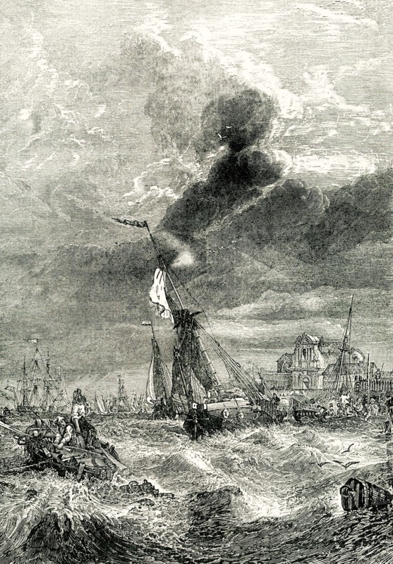 This illustration dates to about 1901 black and white wood engraving of a painting by Clarkson Frederick Stanfield (1793-1867) entitled 'Wind against Tide, the Thames at Tilbury Fort'. Clarkson Frederick Stanfield (1793 - 1867) was a prominent English marine painter, often inaccurately credited as William Clarkson Stanfield.
