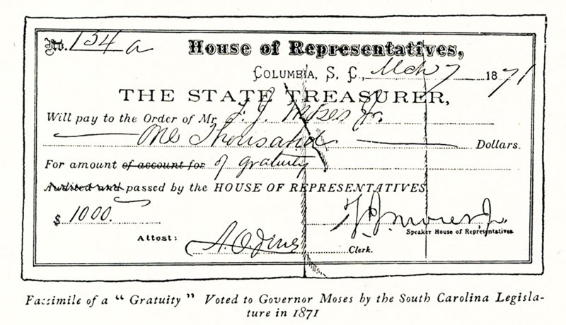 The 1896 caption reads: Facsimile of a 'gratuity' voted to Governor Moses by South Carolina Legislature in 1871.