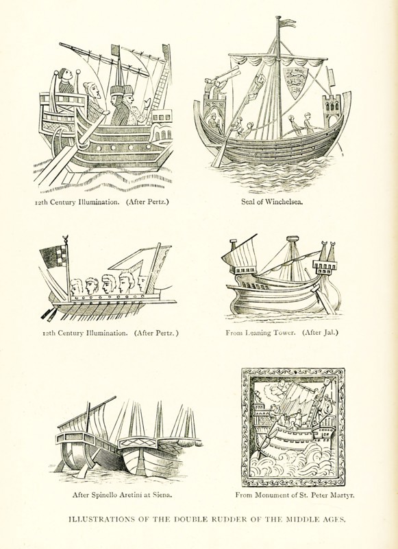 The caption for this map from The Travels of Marco Polo Vol I as translated by Henry Yule reads: “Illustrations of the Double Rudder of the Middle Ages.” They are from top to bottom, left to right: 12th century Illumination (after Pertz; Seal of Winchelsea; 12th century Illumination (after Pertz); from Leaning Tower (after Jal); after Spinello Aretini at Siena; from Monument of St Peter Martyr.” Marco Polo was a Venetian traveler who left Venice, Italy, with his father Niccolo and uncle Maffeo in 1271. He arrived in China in 1275 where Kublai Khan had his court, and returned home in 1294. Note that the city of Kinsai, the so-called 'Heavenly City,' was called by Marco Polo Coromoran. Kanbaliq is Turkic for what is today Beijing. Polo called it Cambaluc. Siam is present-day Cambodia. Polo dictated his adventures to Rustichello. These writings, written in French, were titled “Books of the Marvels of the World,” but are better known in English as “The Travels of Marco Polo.”.