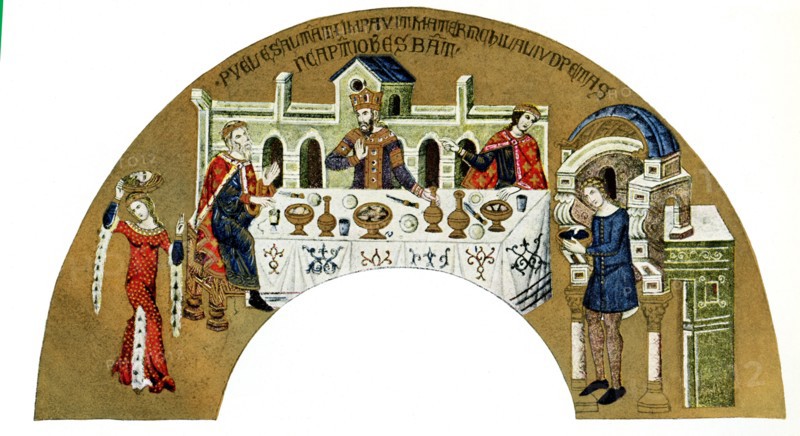 The Italian caption for this 1920s illustration reads: Banchetti Veneziani dal masaico Il Banchetto di Erode Sec XIV. Basilica San Marco Battistero (“Venetian banquets from the mosaic of Herod's Banquet 14th century. In the baptistry of the Basilica San Marco in Venice”). Of all the biblical figures, Salome is certainly one of the most controversial and fascinating. Her story of seduction and death was represented by many artists throughout the ages, such as in the 14th century fantastic mosaics of the Baptistery of St. Mark's Basilica in Venice. Above the door of the Baptistery (where the events of St. John the Baptist's life are represented), we see her dancing in a sexy red dress with feathered sleeves, showing her gruesome trophy on a golden plate.