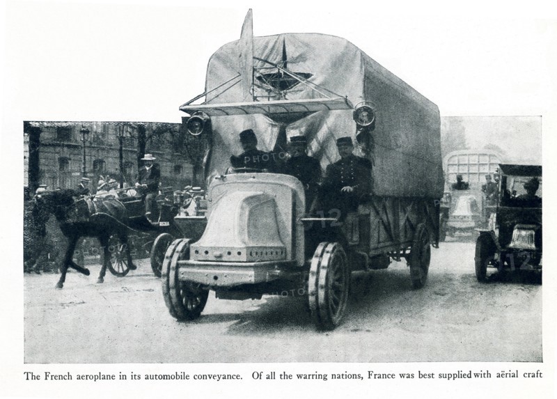 World War I - The French aeroplane in its automobile conveyance. Of all the warring nations, France was the best supplied with aerial craft.