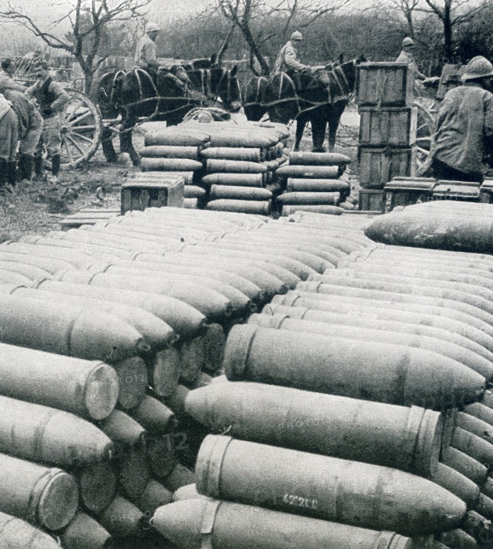 This photo, taken during World War I, hsows shells for Verdun in France. The captions says: Big shells for Verdun. One of the many ammunition depots in the rear of the French lines at Verdun.