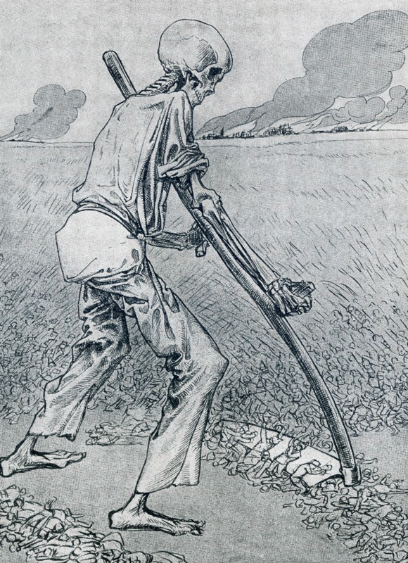 This illustration, a caricature, dates to 1917. It shows 'Death' with a sickle, mowing down soldiers during World War I.