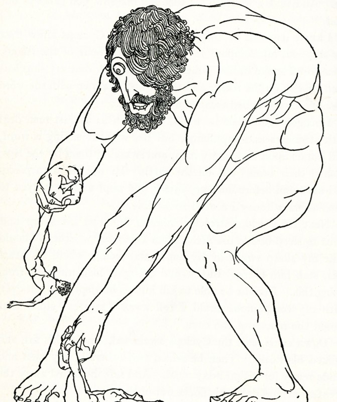 This 1918 image illustrates the Cyclops named Polyphemus preparuing to eat two of Odysseus’s men. In the epic poem Odyssey, which is credited to the Greek poet Homer, the hero Odysseus (also spelled Ulysses) and his men, on their way home to Ithaca from the Trojan War, are captured by Polyphemus, a Cyclops or one-eyed giant. Polyphemus eats six of the men (seen here, getting ready to eat two) and says he will eat them all. Odysseus escapes by giving the Cyclops strong wine. The Cyclops falls.