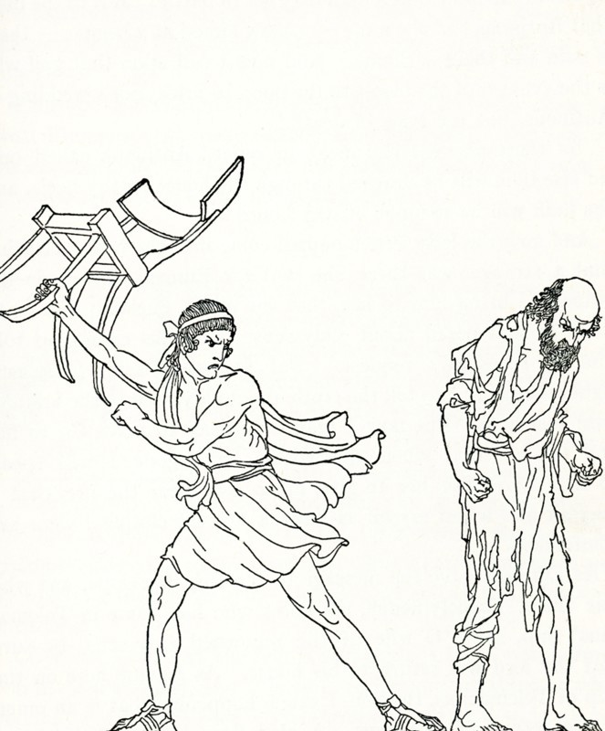 This image shows the return of Odysseus. According to the Greek legend as told by Homer in the 'Odyssey,' when the hero Odysseus returned home to Ithaca from the Trojan War, a journey that had taken him 20 years, he found his palace overrun with suitors vying for the hand of his wife. Here the suitor Antinous prepares to hit Odysseus (in the guise of a beggar) with a footstool.