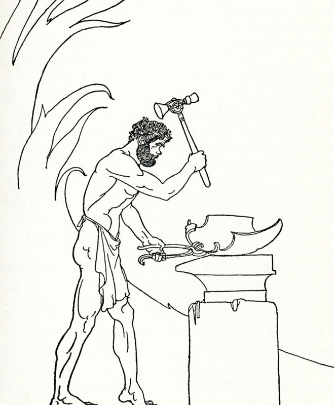 This 1918 images illustrates the passagein Homer’s epic poem, Odyssey, when the god of fire, Hephaestos, makes a shield for the Greek hero Achilles. Hephaestus, the god of fire, is the smith who forged Achilles' shield. He begins with twenty hot bellows and fires bronze, tin, gold, and silver in his kiln. He then proceeds to hammer the metals upon his anvil to create a massive shield for Achilles to wield in the trojan war - the war between the Greeks and Trojans.