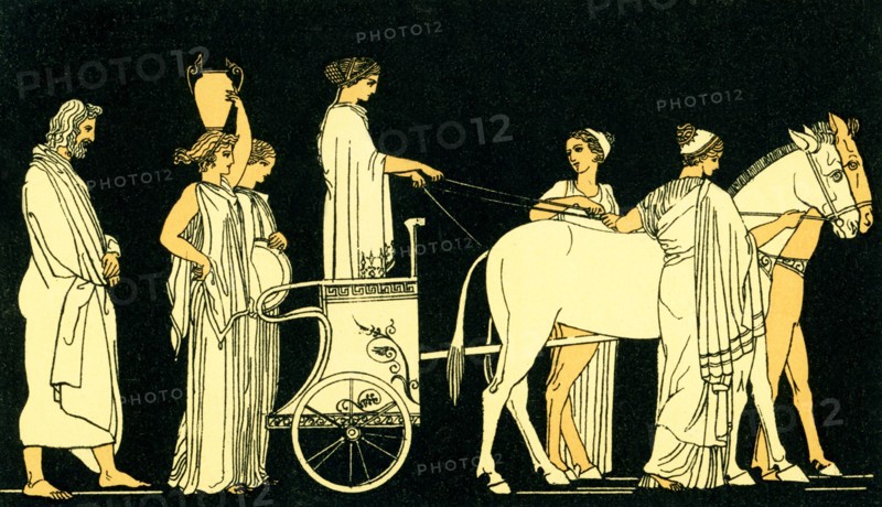 In this 1880s illustration, the Greek hero Odysseus is shown following the car of Nausicaa. Odysseus was the legendary king of Ithaca, and a Greek hero in the great Trojan War, which the Greeks won after 10 long years. On his way home, Odysseus had many adventures, including his stop at the land of the Phaeacians, where he is found washed up on their shore by the king's daughter Nausicaa, who had been playing ball with her friends.