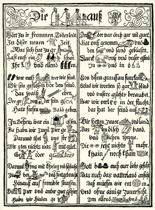 The 1907 caption reads: 'The Three Beggars from Bohmer Country - contemporary leaflet of the events of the year 1620.' This is an old Serbian folktale, The Three Beggars tells of a young girl who stops her rich but cruel father from setting his dogs on three old men who come begging to his door. The old men are actually fairies and say that a baby will be born in a nearby village and he will one day be rich and own much land, including that of the girl’s father. All comes to pass, just as the fairies predicted. This page is from a leaflet printed around 1620.