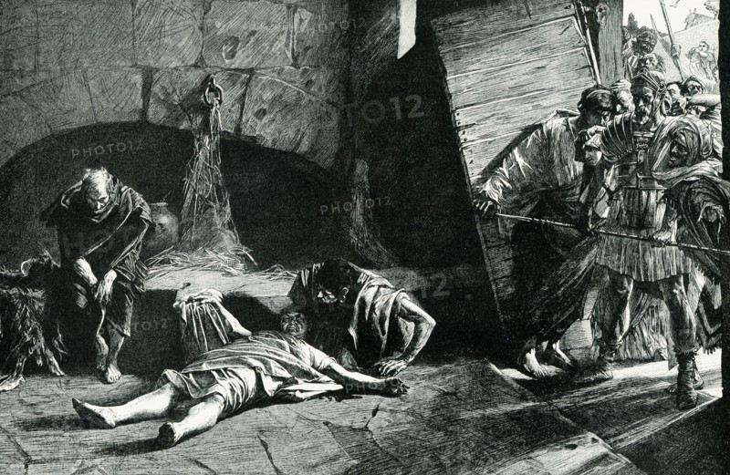 The caption for this early 1900s illustration reads: Death of Nero Nero, the worst of all tyrants who tortured Rome, died by his own hand. He had slain so many of his subjects, that at last there was a sudden conspiracy, and he was driven from the throne. He fled like a frightened rat, and hid in a slave’s cellar. Soldiers hunted him down; he begged to be allowed to live, no matter how. He had found delicious pleasure in the murder of others, but it was not until he was warned that his late subjects were planning to torture him to death, that he managed to screw up enough courage to die, himself. He placed a dagger to his throat, one of his slaves drove it home, and he was dying when the mob burst in on him. The year was 68 A.D.