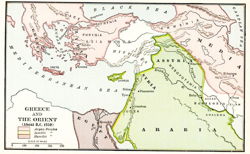 Greece and the Orient about B.C. 1250. The legend for this early 1900s map reads: Pink-Aryan peoples; green- Semitic peoples; Purple - Hamitic peoples.