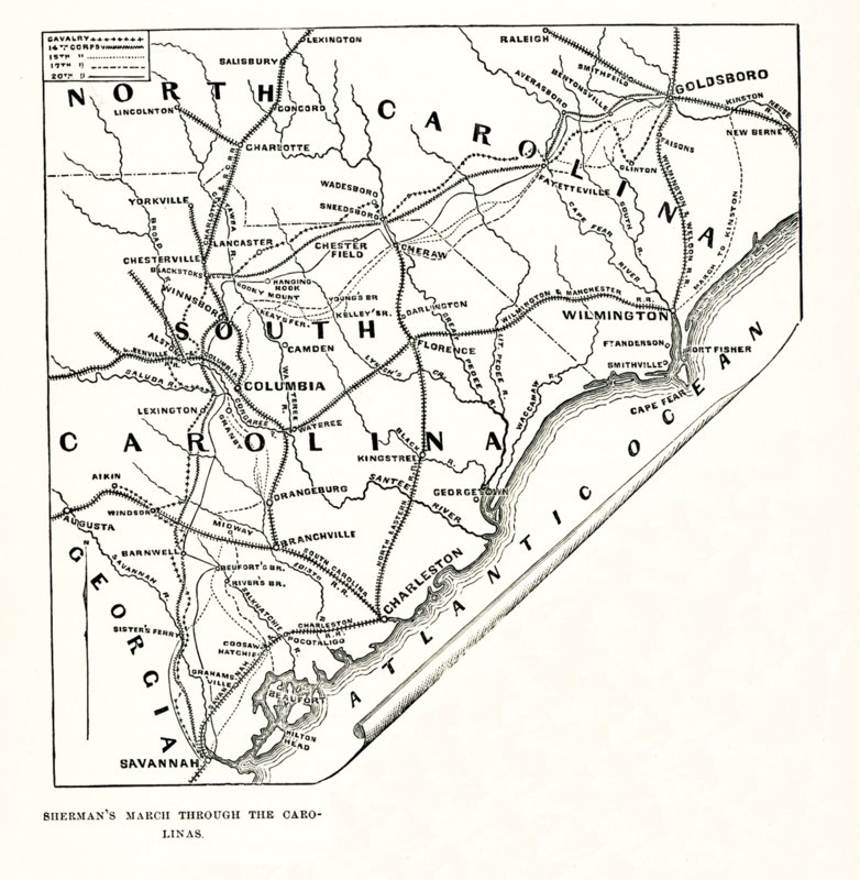 Sherman’s March Through Carolinas. This map shows: The Campaign of the Carolinas (January 1 - April 26, 1865)—the Carolinas Campaign—was the final campaign conducted by the Union Army against the Confederate States Army in the Western Theater. On January 1, Union General William T. Sherman advanced north from Savannah, Georgia, through the Carolinas, with the intention of linking up with Union forces in Virginia. The defeat of Confederate General Joseph E. Johnston's army at the Battle of Bentonville, and its unconditional surrender to Union forces on April 26, 1865, effectively ended the American Civil War.