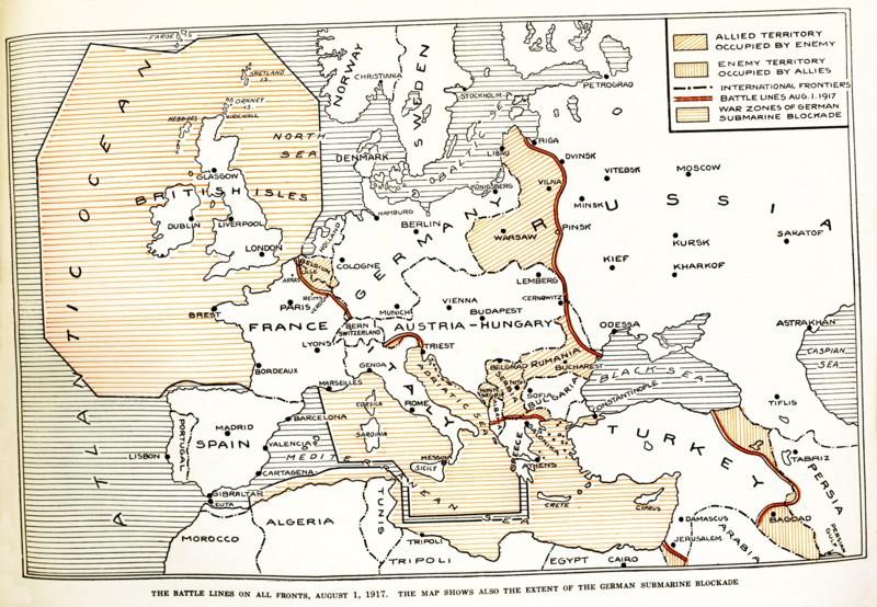 Battle lines on all fronts August 1, 1917. The map shows also the extent of the German submarine blockade. Legend: diagonal lines show Allied territory occupied by enemy; vertical lines show enemy territory occupied by Allies, dotted black line shows international frontiers; red line shows battle lines on August 1, 1917; horizontal lines show war zones of German submarine blockade.