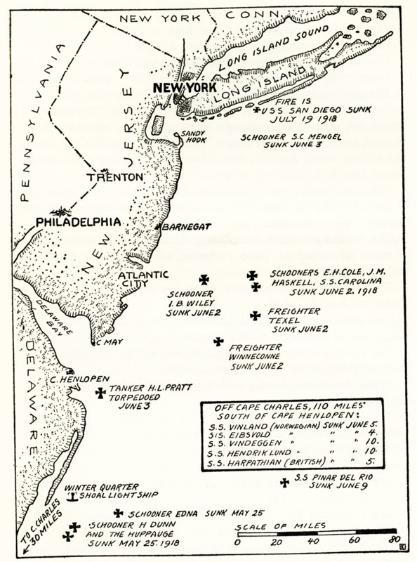 Raids of German submarines on United States shipping on the Atlantic Coast.