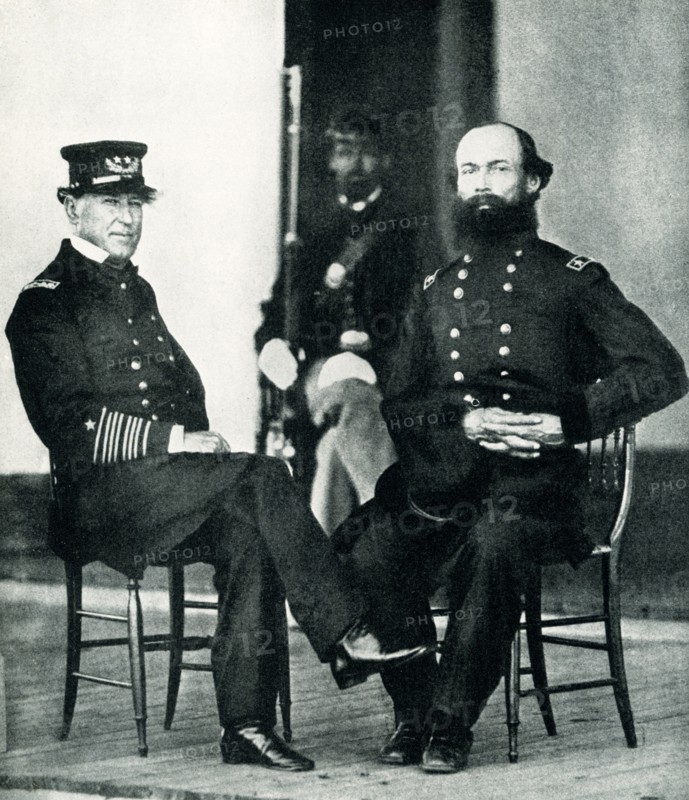 The 1912 caption reads: “Farragut and Granger after Battle of Mobile Bay.” The Battle of Mobile Bay of August 5, 1864, was an engagement of the American Civil War in which a Union fleet commanded by Rear Admiral David G. Farragut, assisted by a contingent of soldiers, attacked a smaller Confederate fleet led by Admiral Franklin Buchanan and three forts that guarded the entrance to Mobile Bay. The Union offensive started on August 3, 1864, with Major General Gordon Granger's landing on Dauphin Island. .