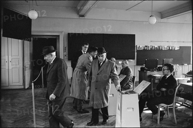 Men in polling station in Zurich, 1966.