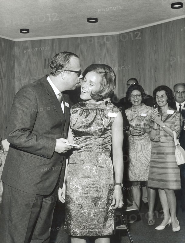 Hans Gmur kissing the ""Ideal Swiss Woman 1967"" Milena von Below.