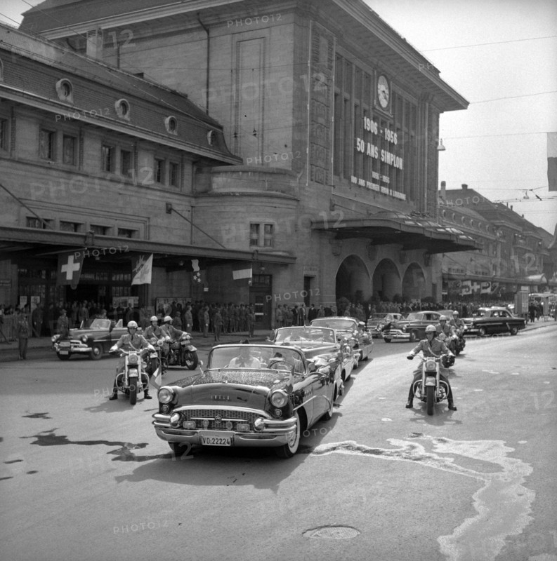 50th anniversary of the Simplon railway tunnel,  police motorcadeescorting the limousines in Lausanne 1956.