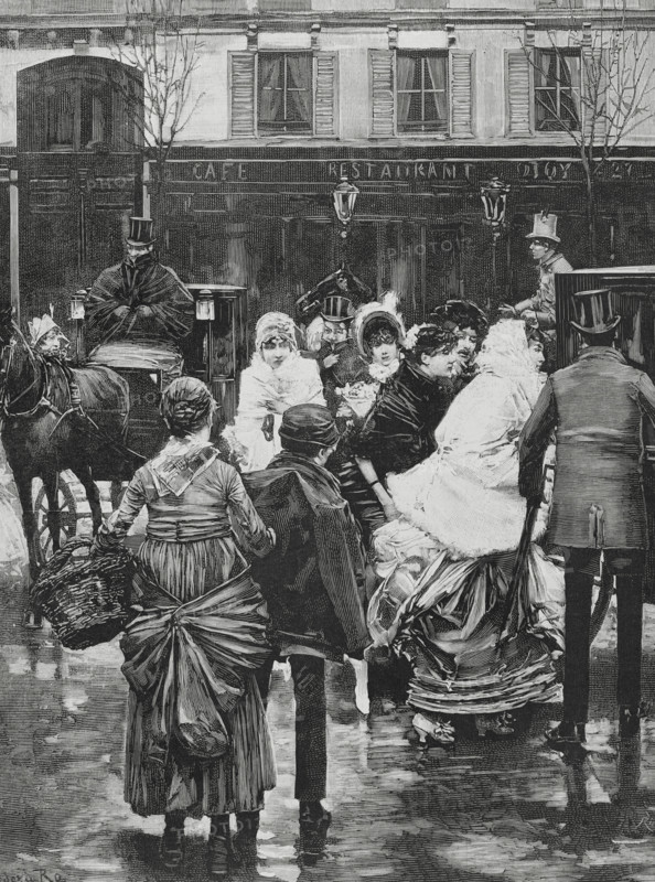 A la madrugada"" (In the early morning). Engraving by Bernardo Rico (1825-1894) after a painting by Roman Ribera (1849-1935). Scene depicting several couples of ladies and gentlemen, on a winter's day, leaving the cafe-restaurant Helder, after dinner following the masked ball at the Paris Opera. La Ilustracion Espanola y Americana (The Spanish and American Illustration), January 15, 1884.