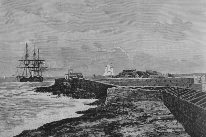History of Spain. Balearic Islands. Mahon, Minorca. Fortress of Isabel II or fortress of La Mola. The fortification works at the entrance to the port of Mahon were ordered by Queen Isabella II of Spain (1830-1904). They began in 1847 and were not completely finished until 1875. Drawing by A. de Caula. Engraving by Bernardo Rico (1825-1894). La Ilustracion Espanola y Americana (The Spanish and American Illustration), January 15, 1884.
