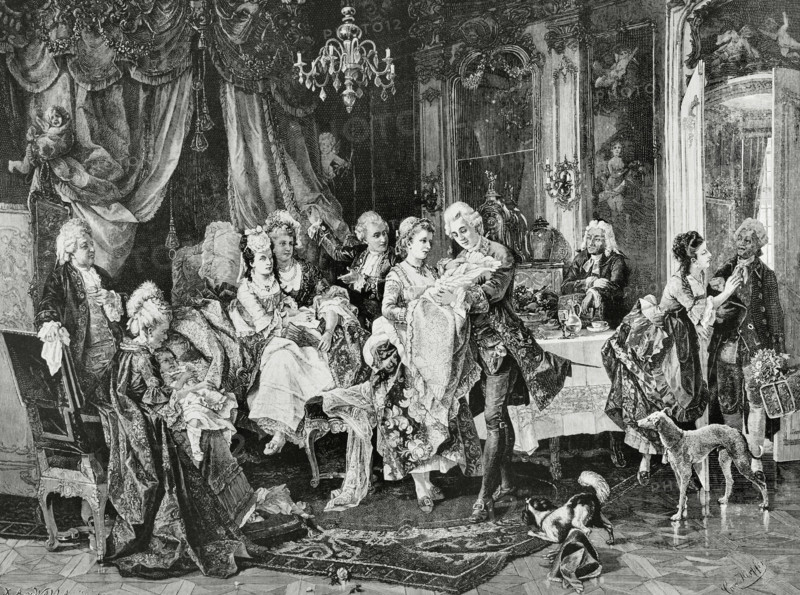 18th-century European society. Return from the christening. Scene of aristocratic customs at the time of Louis XV. The christening party has just returned from the parish church. The nurse presents the newborn to the guests. Engraving by Walla after a painting by Carl Herpfer (1836-1937). La Ilustracion Espanola y Americana (The Spanish and American Illustration), January 15, 1884.
