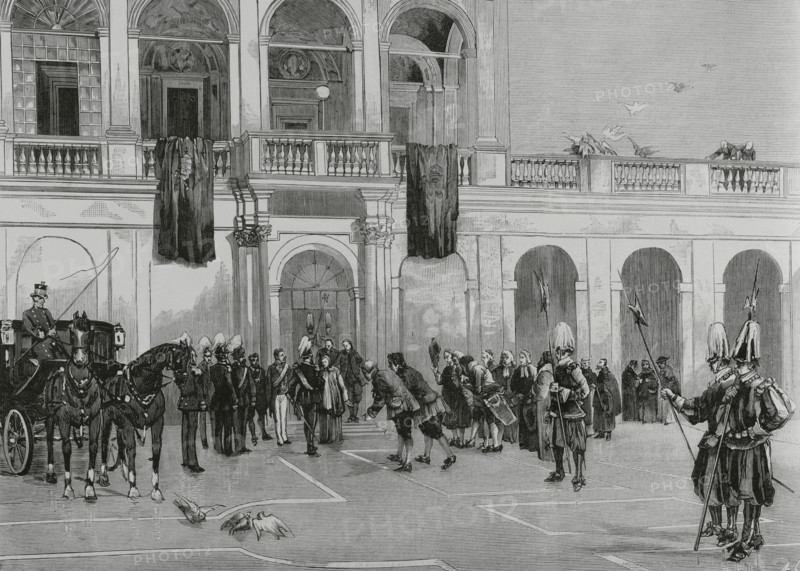 The Imperial Prince of Germany, Friedrich Wilhelm Nikolaus Karl von Preuben (1831-1888), the future Frederick III of Germany, shortly after his arrival in Rome, notified Cardinal Jacobini, Secretary of State of Pope Leo XIII, through the Germanic minister accredited to the Holy See, von Schloezer, of his wish to visit and pay his respects to the Head of the Catholic Church. The visit took place on the afternoon of 18 December 1883, after having met with the Kings of Italy in the Quirinal Palace. Arrival of the Prince at the Vatican Cortile. The Master of the Chamber of the Papal Court, Luigi Macchi (1832-1907), comes out to meet the Prince. The Swiss Guards, in full dress uniform, presenting arms. Engraving by Arturo Carretero (1852-1901). La Ilustracion Espanola y Americana (The Spanish and American Illustration), January 22, 1884.