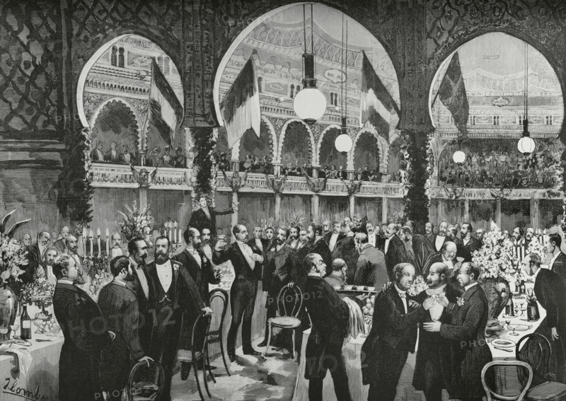 History of Spain. Madrid. Banquet at the ""Teatro Alhambra"" (Alhambra Theatre), on the evening of 14 January 1884, under the auspices of the ""Circulo de la Union Mercantil"" (Circle of the Mercantile Union). Toast time. Drawing from life by Juan Comba. Engraving by Bernardo Rico (1825-1894). La Ilustracion Espanola y Americana (The Spanish and American Illustration), January 22, 1884.