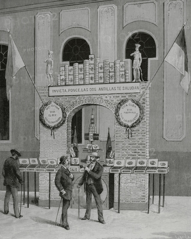 Ponce, Puerto Rico. Agricultural and Industrial Tobacco Exhibition (December 1883). Arch formed with boxes of cigars, of the first brands, in the main hall of the Exhibition. Engraving by Tomas Carlos Capuz (1834-1899). La Ilustracion Espanola y Americana (The Spanish and American Illustration), January 22, 1884.