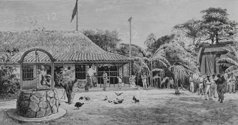 Cuba. The civil governor of Havana, inspired by the success of a charitable work carried out in mid 1883 by the large Asturian colony that lived and worked in Havana, promoted the celebration of another similar event under the name of ""Gran Romeria de San Cristobal"" in favour of the ""Real Casa de Beneficencia y Maternidad de La Habana"" (The Royal House of Charity and Maternity of Havana), on the 24th, 25th and 26th of November 1883. It took place in the same location where the popular celebration organised by the Asturians was held, in the field of the ""Club Almendares"" and on the immediate Paseo de Carlos III. Gran Romeria of San Cristobal: booth of the island of Cuba, in the grounds of the ""Club Almendares"" Drawing by Riudavets. Engraving by Tomas Carlos Capuz (1852-1903). La Ilustracion Espanola y Americana (The Spanish and American Illustration), January 22, 1884.