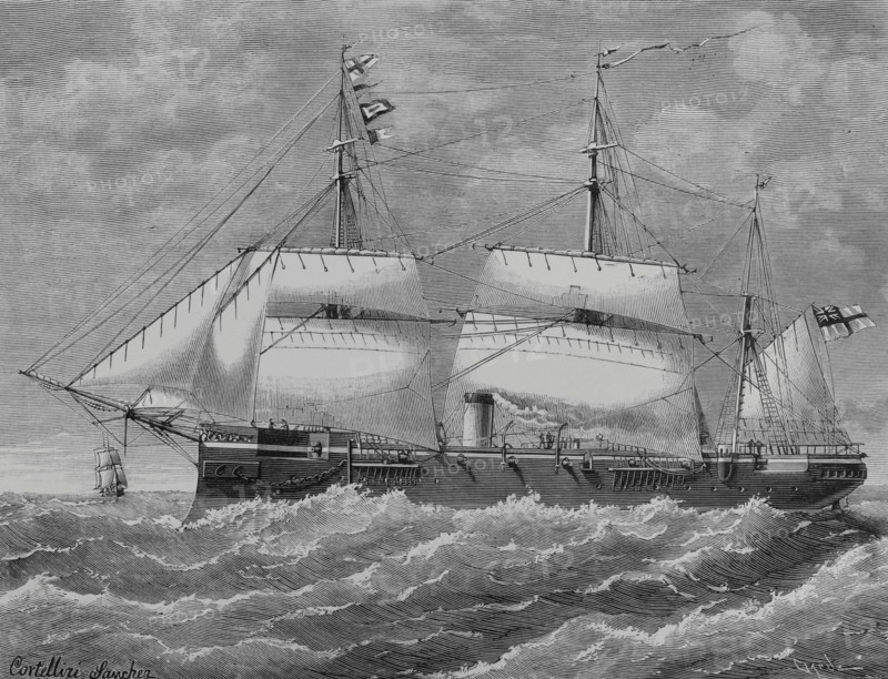 HMS Canada"" (1881) and ""HMS Conquest"" (1878). British Royal Navy. Drawing by Cortellini Sanchez. Engraving by Tomas Carlos Capuz (1834-1899). La Ilustracion Espanola y Americana (The Spanish and American Illustration), January 30, 1884.