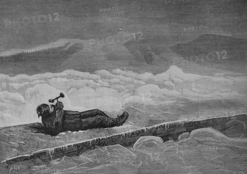 United States of America, New Hampshire. Mount Washington Observatory. An observer measuring the wind speed on the mountain plateau, by means of the Robinson device. Engraving by Bernardo Rico (1825-1894). La Ilustracion Espanola y Americana (The Spanish and American Illustration), January 30, 1884.