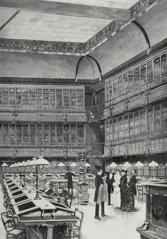 History of Spain. Ateneo de Madrid. Interior of the modernist building in Calle del Prado, designed by the architects Enrique Fort and Luis Landecho. Library. Engraving by Bernardo Rico. La Ilustracion Espanola y Americana (The Spanish and American Illustration), February 8, 1884.