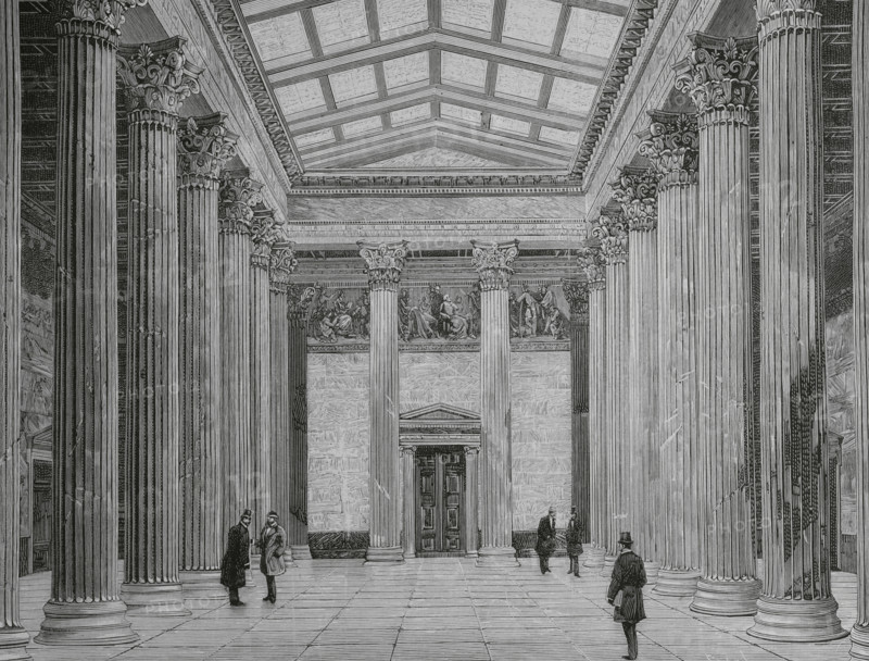 History of Austria. Vienna. Peristyle of the Austrian Parliament Building. The new building was inaugurated on 4 November 1883. It was built between 1874 and 1883 in the Greek Revival style by the architect Theophil von Hansen (1813-1891). Engraving by Tomas Carlos Capuz (1834-1899). La Ilustracion Espanola y Americana (The Spanish and American Illustration), February 8, 1884.