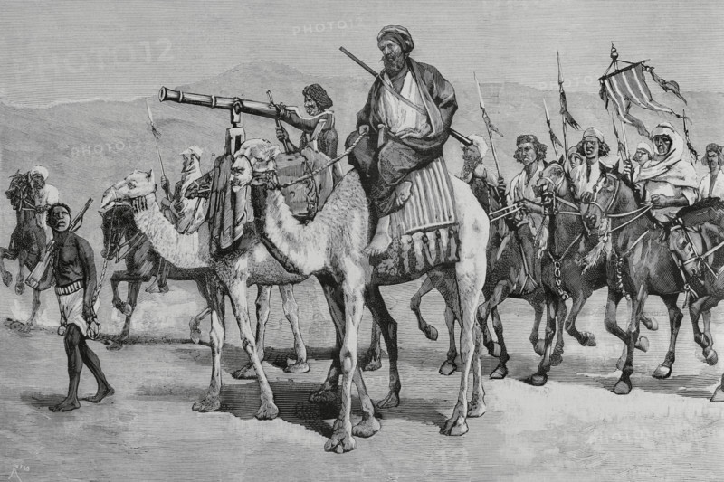 Mahdist War (1881-1899). It faced the followers of Sudanese religious leader Muhammad Ahmad bin Abdullah bin Fahal, the self-proclaimed Mahdi, against Egyptian Khedivate troops, who were later joined by British forces. The Sudanese insurgency. A raid by the Mahdi's troops near Suakin, where was housed the headquarters of the Anglo-Egyptian troops. Engraving by Bernardo Rico. La Ilustracion Espanola y Americana (The Spanish and American Illustration), February 15, 1884.