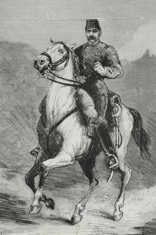 Valentine Baker (1827-1887), known as Baker Pasha. British officer commanding the Anglo-Egyptian corps that was defeated at the First Battle of El Teb (4 February 1884), during the Mahdist War (1881-1899). Equestrian portrait. Drawing by Juan Comba. Engraving. La Ilustracion Espanola y Americana (The Spanish and American Illustration), February 15, 1884.