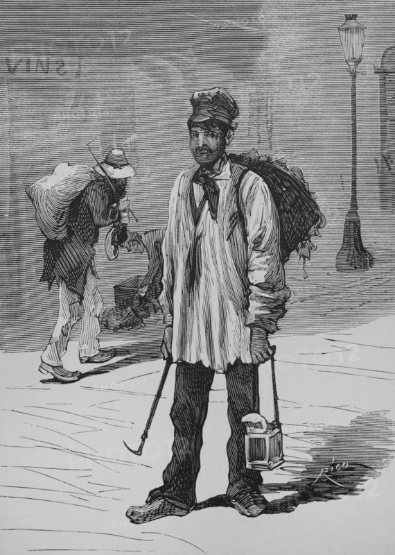 History of France. Paris. ""Chiffonnier"". Ragpicker who roamed the streets of the city in search of clothes and all kinds of utensils that people discarded, to sell them later. Engraving by Bernardo Rico (1825-1894). La Ilustracion Espanola y Americana (The Spanish and American Illustration), February 15, 1884.