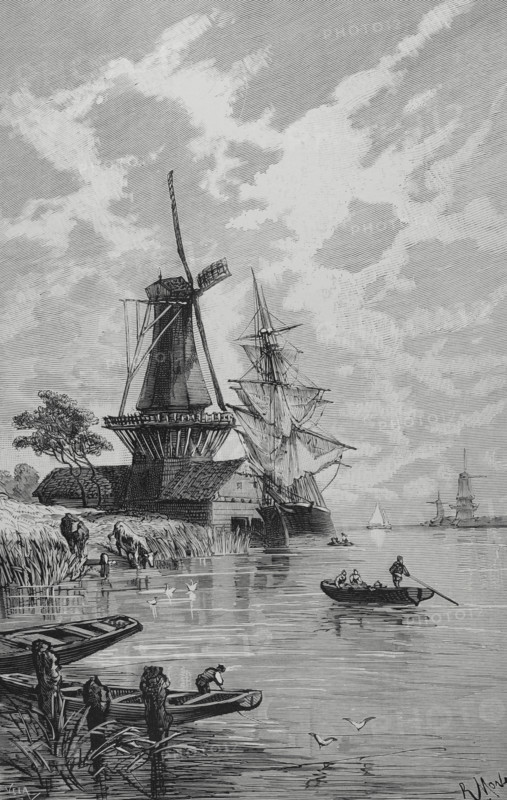 A canal in the Netherlands. Drawing by Rafael Monleon. Engraving by Vela. La Ilustracion Espanola y Americana (The Spanish and American Illustration), February 15, 1884.