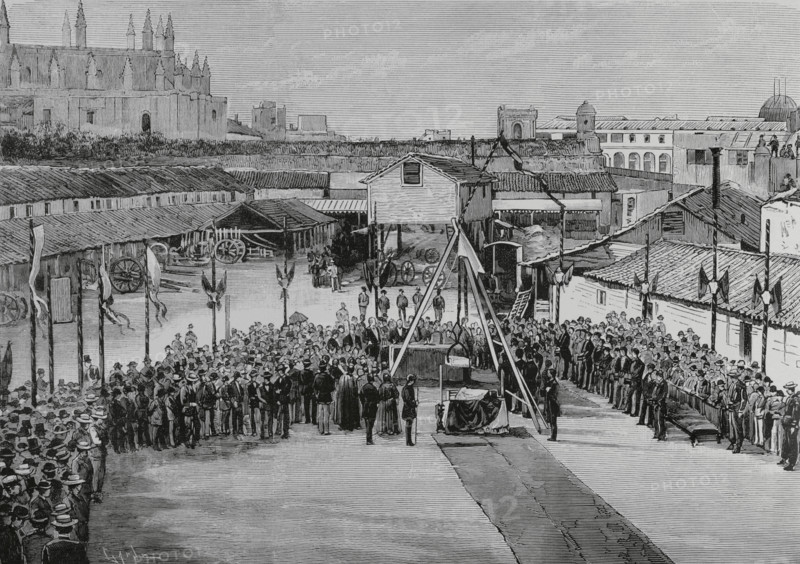 Havana, Cuba. Laying of the foundation stone for the new Scientific and Literary University on 23 January 1884. The ceremony was presided over by the governor general of the island, General Ignacio Maria del Castillo (1817-1893). The presbyter Doctor Teofilo Martinez de Escobar (1833-1912), professor of Metaphysics at the University, blessed the first stone. Engraving by Tomas Carlos Capuz (1834-1899). La Ilustracion Espanola y Americana (The Spanish and American Illustration), February 22, 1884.