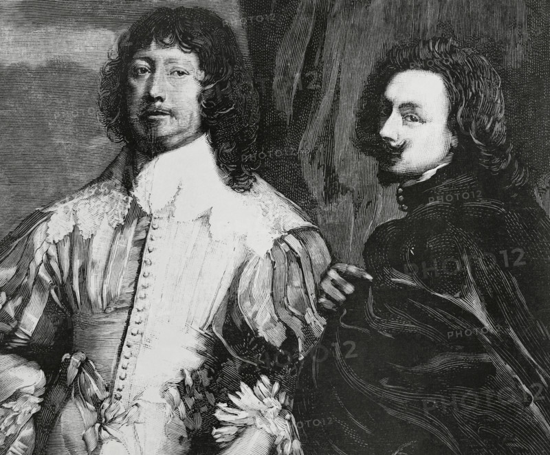 Endymion Porter and Anthony van Dyck. Engraving by Bernardo Rico (1825-1894) based on the painting executed around 1633 by Anton Van Dyck (1599-1641). Endymion Porter (1587-1649), Van Dyck's supporter and friend, was secretary to the Duke of Buckingham and a prestigious diplomat in the English Court. Porter is depicted wearing white satin. Van Dyck, dressed in black, depicted himself in profile and shorter, so as not to stand out over a member of the aristocracy. Detail. La Ilustracion Espanola y Americana (The Spanish and American Illustration), February 29, 1884.