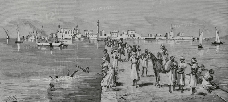 Mahdist War (1881-1899). It faced the followers of Sudanese religious leader Muhammad Ahmad bin Abdullah bin Fahal, the self-proclaimed Mahdi, against Egyptian Khedivate troops, who were later joined by British forces. Massawa, Eritrea. Important port city on the Red Sea, under threat by the Sudanese warlord Osman Digna (1836-1926). View taken from the dock. Drawing by M. Alcazar. Engraving by Bernardo Rico (1825-1894). La Ilustracion Espanola y Americana (The Spanish and American Illustration), February 29, 1884.