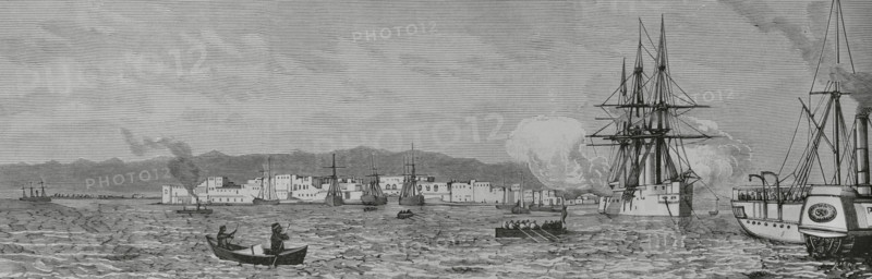Mahdist War (1881-1899). It faced the followers of Sudanese religious leader Muhammad Ahmad bin Abdullah bin Fahal, the self-proclaimed Mahdi, against Egyptian Khedivate troops, who were later joined by British forces. Suakin, Sudan. City blockaded by Mahdi loyalists. View from the harbour entrance. At that time it was Sudan's main port on the Red Sea, which was threatened by the Sudanese warlord Osman Digna (1836-1926). Suakin housed the headquarters of the Anglo-Egyptian troops that were fighting against the Mahdi. Engraving. La Ilustracion Espanola y Americana (The Spanish and American Illustration), February 29, 1884.