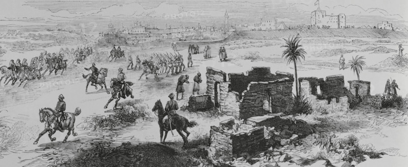 Mahdist War (1881-1899). It faced the followers of Sudanese religious leader Muhammad Ahmad bin Abdullah bin Fahal, the self-proclaimed Mahdi, against Egyptian Khedivate troops, who were later joined by British forces. Suakin, Sudan. Egyptian troops carrying out a reconnaissance on the landward side of Suakin. At the time it was Sudan's main port on the Red Sea, which was threatened by the Sudanese warlord Osman Digna (1836-1926). Suakin housed the headquarters of the Anglo-Egyptian troops that were fighting against the Mahdi. Engraving. La Ilustracion Espanola y Americana (The Spanish and American Illustration), February 29, 1884.