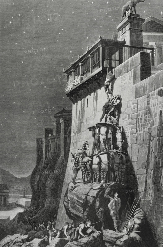 Ancient Rome, 4th century BC. After the sack of Rome by the Gauls, the survivors of the city took refuge in the Capitol, raised on one of the city's hills and also where the temple of Juno was located. Inside the temple lived the sacred geese, used for sacrifices in honour of the goddess Juno. One night, the Gauls tried to attack the Romans who had taken refuge there. They climbed the hill, taking advantage of the silence of the night. The Roman guards and the dogs had fallen asleep, but the Gauls raiders encountered the geese, which became frightened and made a great fuss, waking the Romans. They were able to respond and repel the attack. However, the resistance to the Gauls' siege was prolonged and the Romans decided to pay a ransom to the Gauls in exchange for their leaving the city. Assault on the Roman Capitol by the Gauls. Engraving by C. Roberts based on a painting by Henri-Paul Motte (1846-1922). La Ilustracion Espanola y Americana (The Spanish and American Illustration), Febru...