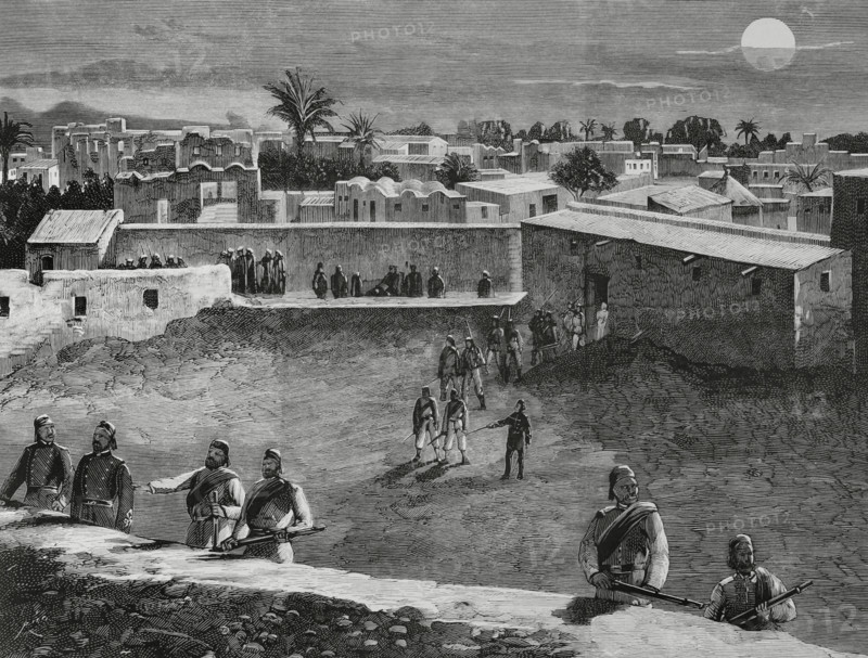 Mahdist War (1881-1899). It faced the followers of Sudanese religious leader Muhammad Ahmad bin Abdullah bin Fahal, the self-proclaimed Mahdi, against Egyptian Khedivate troops, who were later joined by British forces. Kassala, Sudan. Night alarm and defensive preparations by the Egyptian garrison against the approach of the Mahdi's tribes. Engraving by Bernardo Rico (1825-1894). La Ilustracion Espanola y Americana (The Spanish and American Illustration), March 8, 1884.