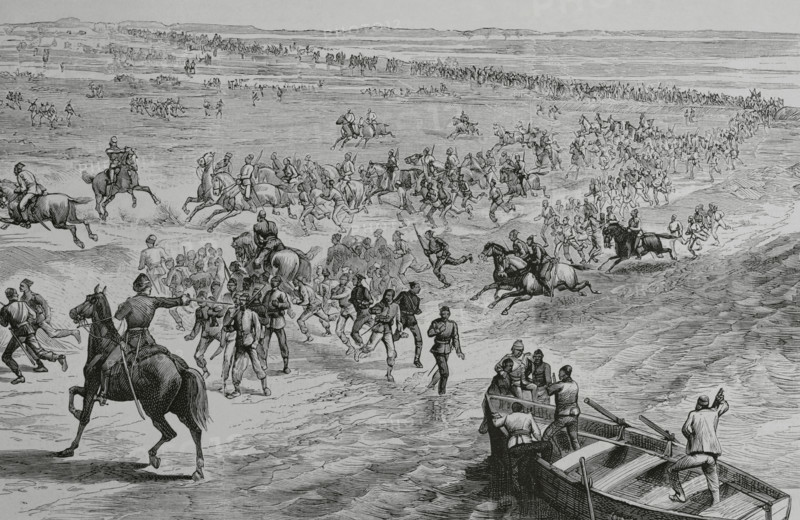 Mahdist War (1881-1899). It faced the followers of Sudanese religious leader Muhammad Ahmad bin Abdullah bin Fahal, the self-proclaimed Mahdi, against Egyptian Khedivate troops, who were later joined by British forces. First Battle of El Teb (4 February 1884). Valentine Baker, commanding the military contingent that was coming to Tokar's aid, was defeated by an attack near El Bed during the march. The Egyptian soldiers, who were part of this contingent, were not used to marching in formation, moving forward en masse without any kind of discipline. When they reached near El Teb, they were attacked by Mahdi troops led by Osman Digna. Despite being superior in number and weapons, the troops panicked and fled. The Mahdists caught up with them, inflicting huge losses. Baker, unable to regroup his troops, retreated to the camp with the survivors. Trinkitat. Fugitives from Baker Pasha's army in search of the port after the battle of El Teb. Engraving. La Ilustracion Espanola y Americana (The ...