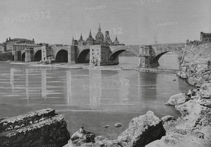History of Spain. Zaragoza, Aragon. Puente de Piedra (Stone Bridge) over the river Ebro, from the ruins of San Lorenzo. Engraving by Bernardo Rico (1825-1894). La Ilustracion Espanola y Americana (The Spanish and American Illustration), March 22, 1884.