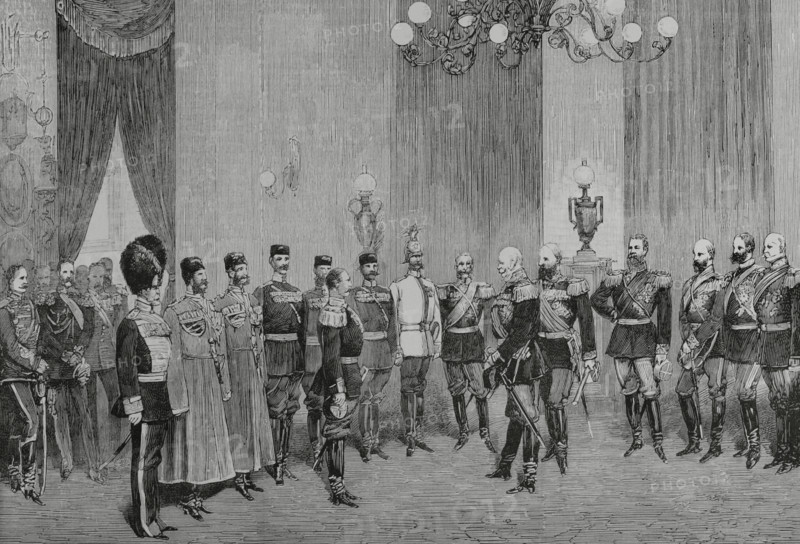 History of Germany. Berlin. Imperial Palace. The Russian Military Deputation congratulating Emperor Wilhelm I of Germany (1797-1888) on the 70th anniversary of the Battle of Bar-sur-Aube (27 February 1814), with victory of the Russo-Bavarian coalition against Napoleon I during the 1814 campaigns. The ceremony was held on 27 February 1884. The German Emperor was accompanied by all the princes of the Imperial family and the Prussian field marshal Helmuth von Moltke (1800-1891). The Russian delegation was headed by the Grand Duke Michael Alexandrovich of Russia (1878-1918), youngest brother of the last Tsar Nicholas II, as well as Generals Iosif Gurko (1828-1901), Ivan Mikhailovich Obolensky (1853-1910), and Count Pyotr Andreyevich Shuvalov (1827-1889). Engraving. La Ilustracion Espanola y Americana (The Spanish and American Illustration), March 22, 1884.