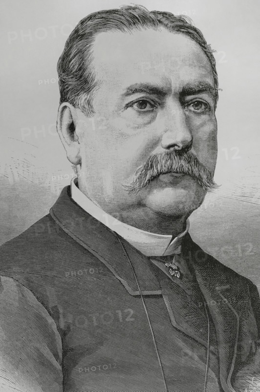 Abelardo de Carlos y Almansa (1822-1884). Spanish businessman and writer. Owner of various periodicals. In 1869 he founded what was his great work, ""La Ilustracion Espanola y Americana"". Portrait. Engraving by Arturo Carretero (1852-1903). La Ilustracion Espanola y Americana (The Spanish and American Illustration), April 8, 1884.