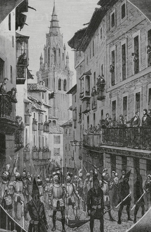 History of Spain. 19th century. Easter Week in Toledo. Good Friday procession. Drawing by Nao. Engraving by Capuz. La Ilustracion Espanola y Americana (The Spanish and American Illustration), April 8, 1884.