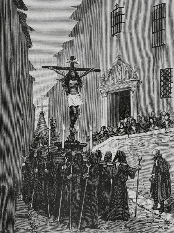 History of Spain. 19th century. Easter Week in Toledo. Maundy Thursday procession: ""Cristo de las Aguas"" (Christ of the Waters). Drawing by Nao. Engraving by Capuz. La Ilustracion Espanola y Americana (The Spanish and American Illustration), April 8, 1884.